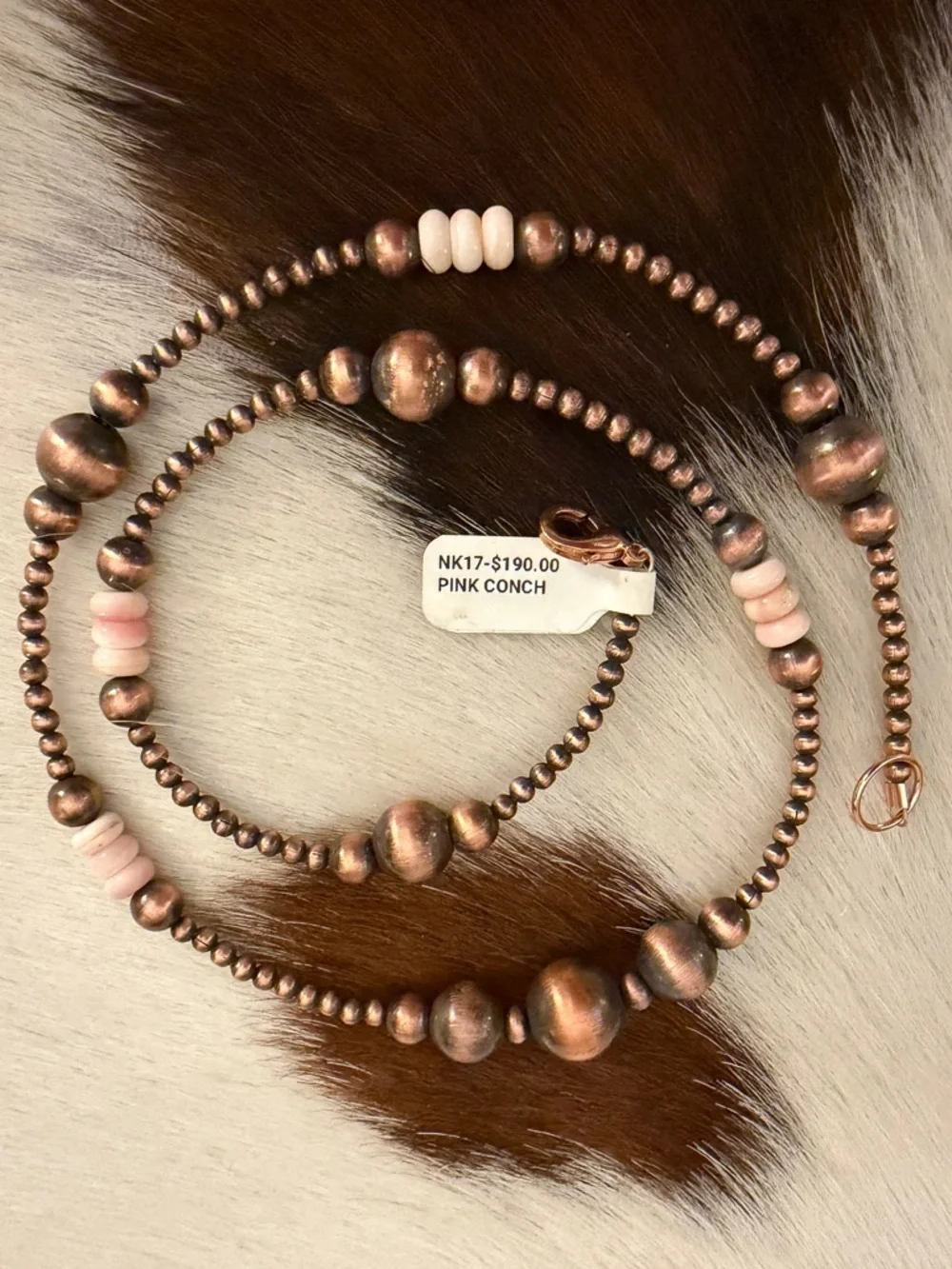 ❤️ Oxidized Copper Desert Pearl Queen Pink Conch Rondel Beads 21” Necklace 29.3G